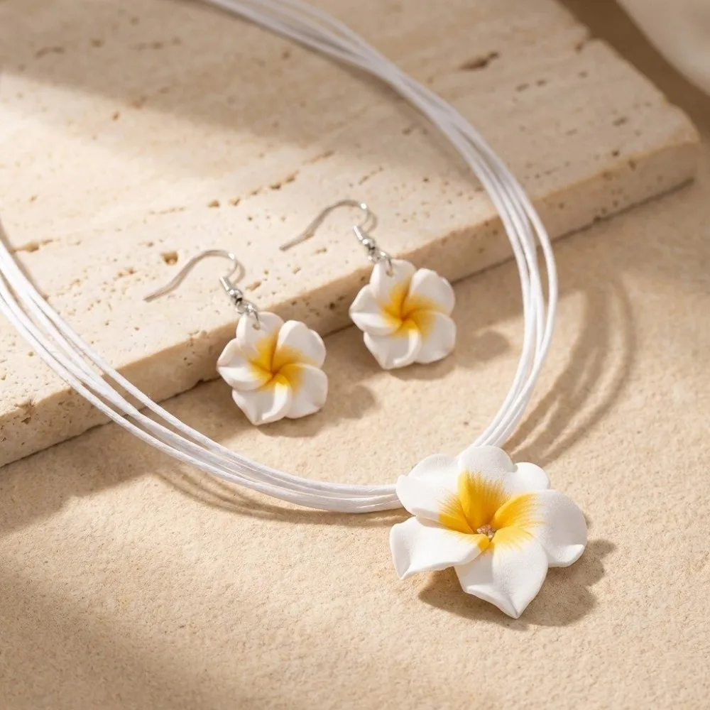 Soft Clay Plumeria Flower Jewelry Set Plumeria Flower Design Bohemian Style Flower Jewelry Matching Earrings Wax Cord Set