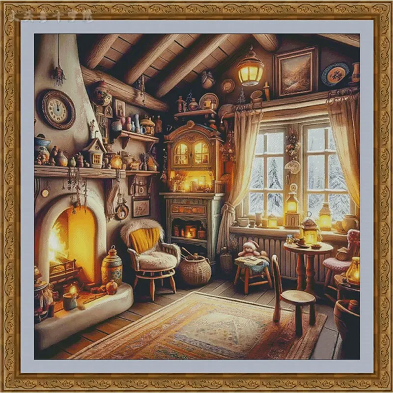 [ZZ5777-Winter Warm House] 11CT 14CT 16CT DIY Stamped Cross Stitch Kit with Printed Canvas and Cotton Threads Embroidery Needlew