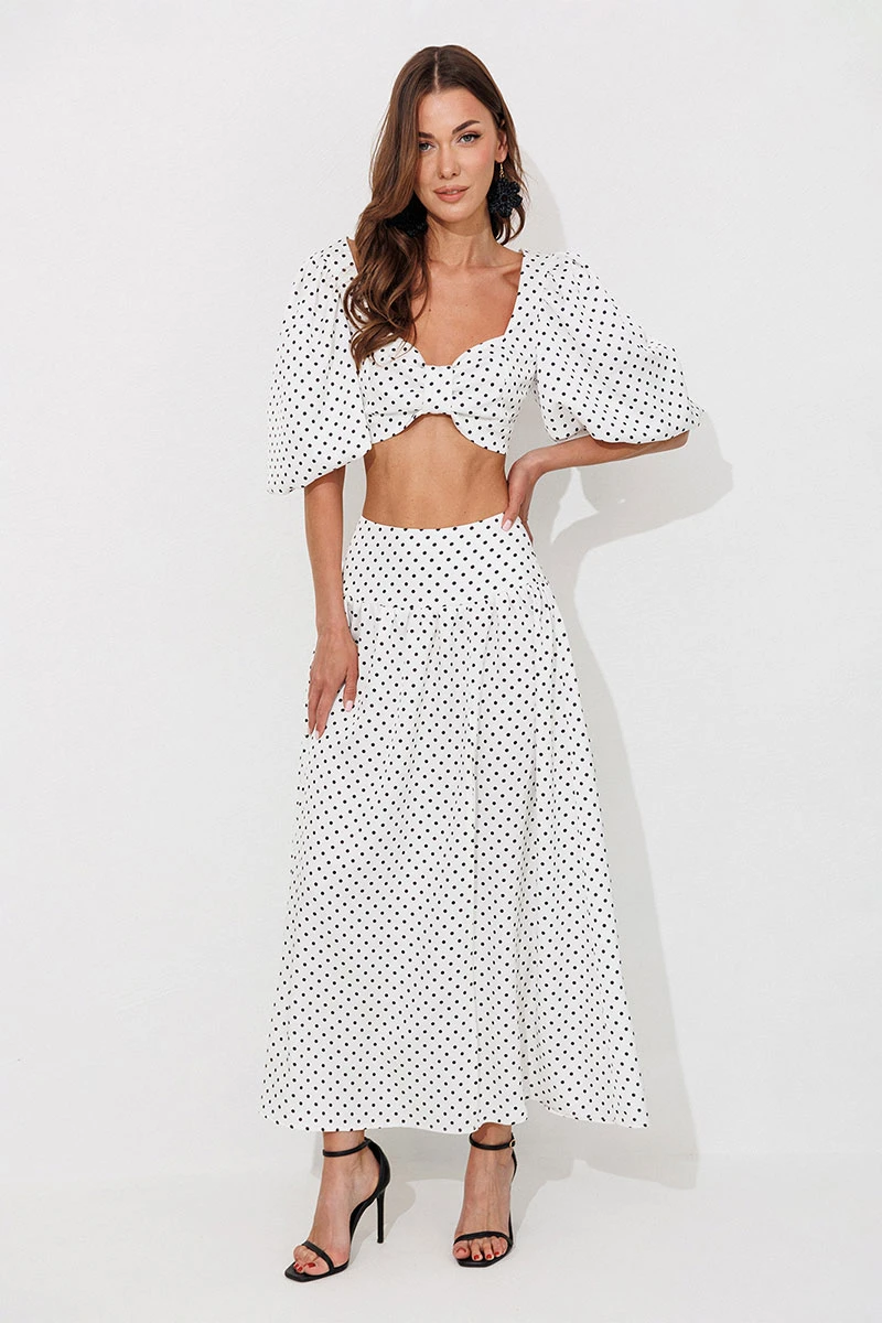 

LIMO Polka Dot 2 Piece Outfit Puff Sleeve Twist Front Crop Top High Waist Long Skirt Women Casual Set