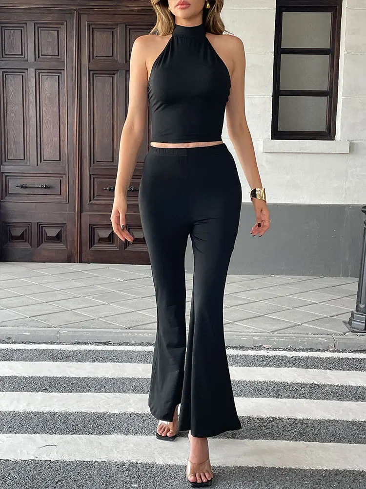 

Women Two Piece Summer Streetwear Fashion New Vest Trousers Suit Solid Sexy Backless Casual Slim Elegant Female Knitted Clothing