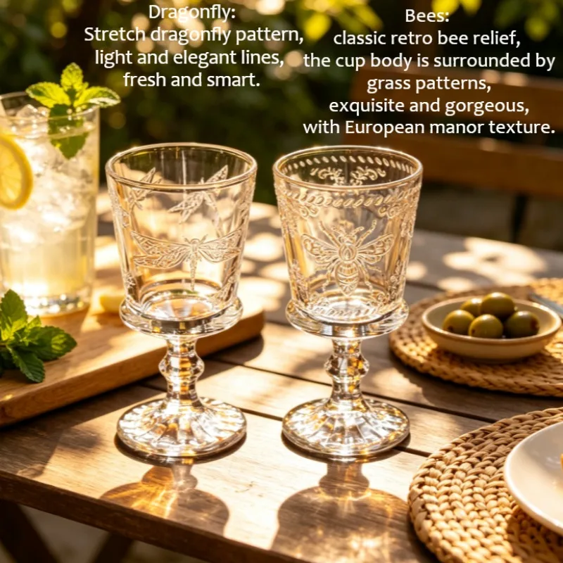 Butterfly relief transparent glass cups, retro and antique drink cups, coffee cups and tall red wine glasses.