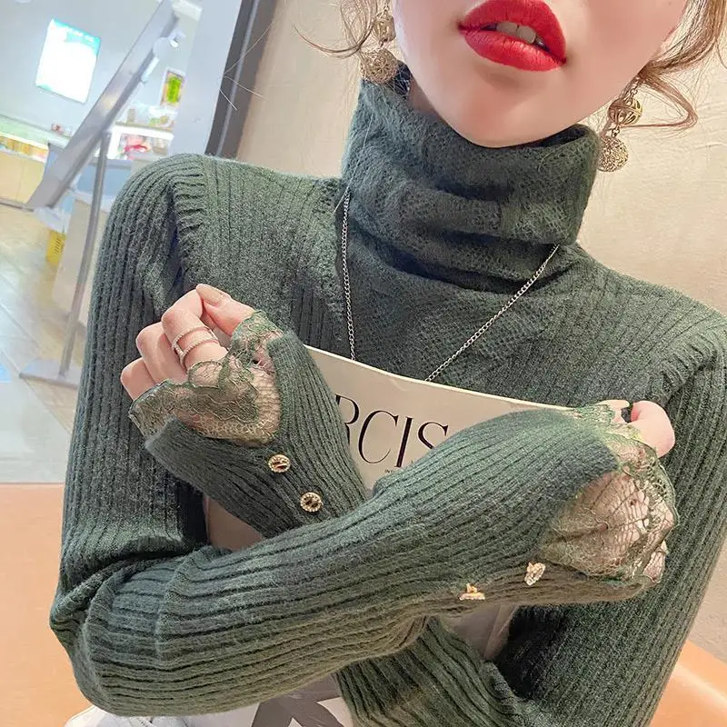 Elegant Turtleneck Spliced Lace Casual Blouse Women\'s Clothing 2022 Autumn New Korean Pullovers All-match Office Lady Shirt