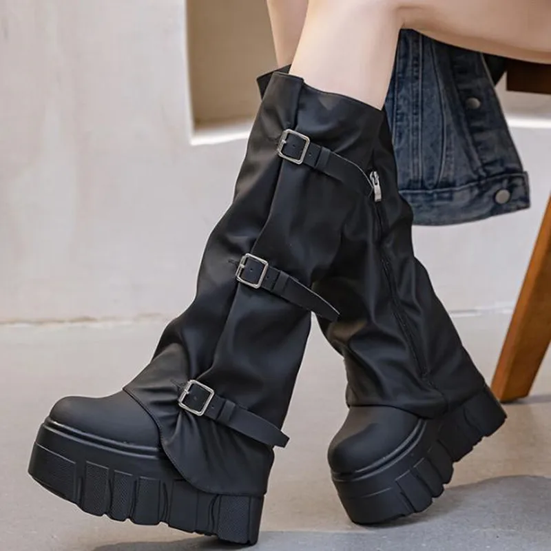 Heel Knee 14cm High Boots Platform Wedge Punk Motorcycle Riding Booties Shoes for Women New Fashion Autumn Winter Buckle Boots