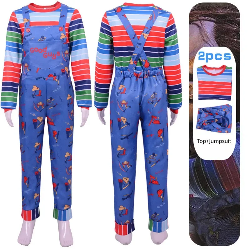 Chucky Women Halloween Costume Blue Cartoon Jumpsuit Overalls and Striped Shirt Play Horror Cosplay Costume