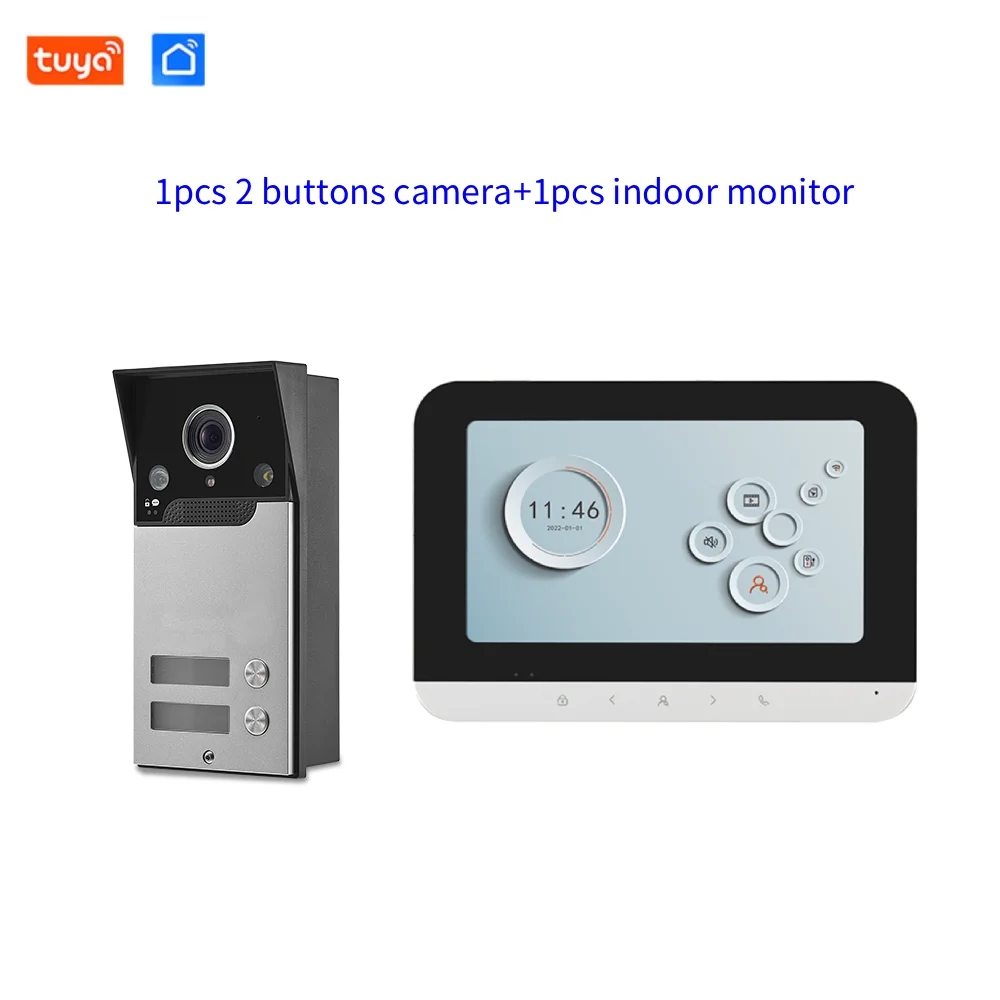 Tuya Wifi ビデオインターホン 1/2ユニットアパート用 7インチタッチキー 4線ケーブル接続カメラ付き