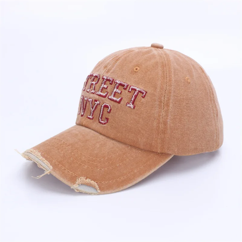 Retro street style embroidered STRNYC lettered distressed washed baseball cap for shopping, outings, dates, and dressing up.