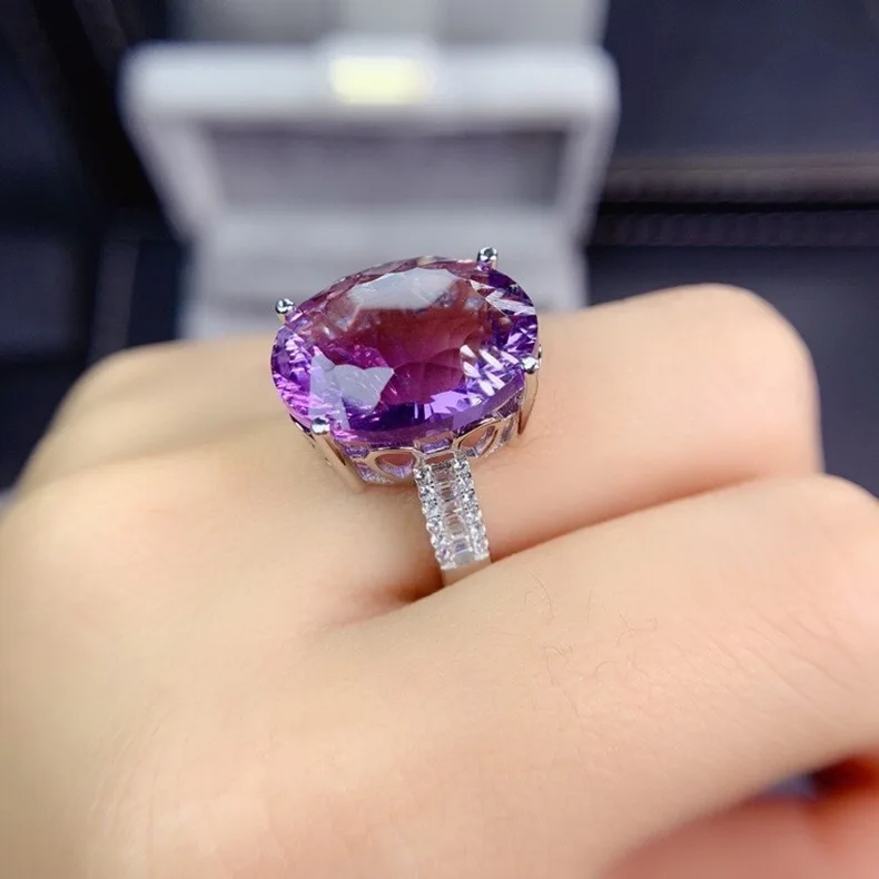 Natuurlijke Paarse Amethist Quartz Verstelbare Ring 14X12Mm Vrouw Clear Amethyst Facet Bead 925 Zilveren Rijke Steen Aaaaa