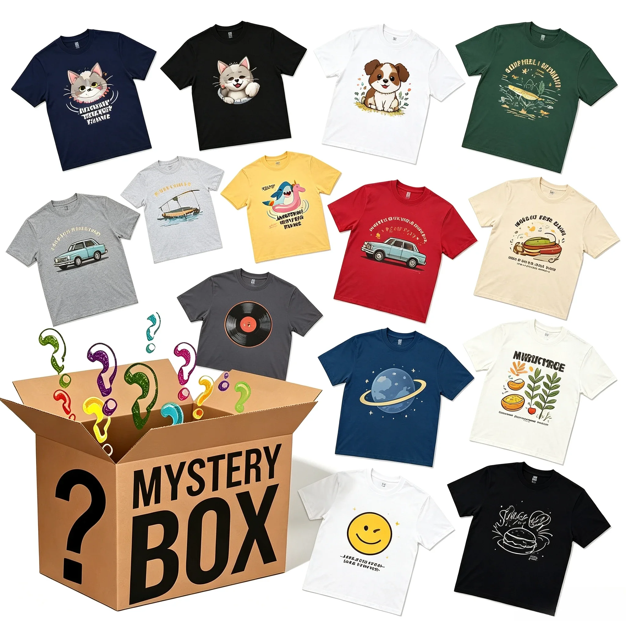 Assorted Cartoon Graphic T‑Shirts Animal Car Record Planet Pattern Short Sleeve Casual Tees for Men Women, Hundreds of Styles Available, Random Style Shipped