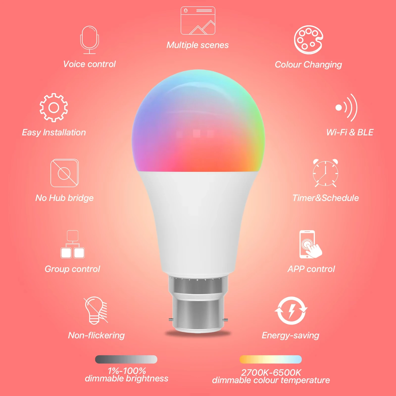 Wifi Smart Light Bulb RGBCW Dimmable 9W B22 Works With Alexa Assistant Google SmartThings Home 2700K-6500K LED Light Bulb 2PCS