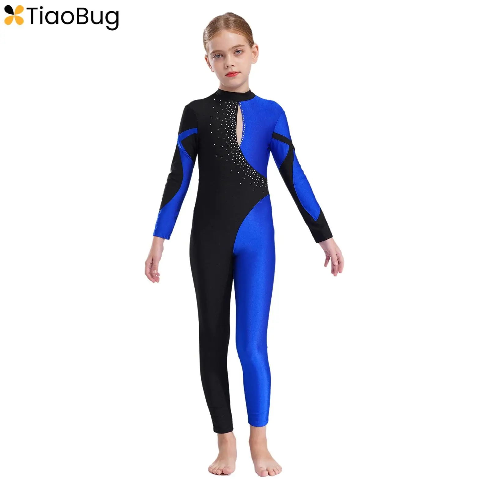 

Kids Girls Figure Skating Gymnastics Dance Jumpsuit Long Sleeve Shiny Rhinestones Contrast Color Splice Leotard Ballet Costume