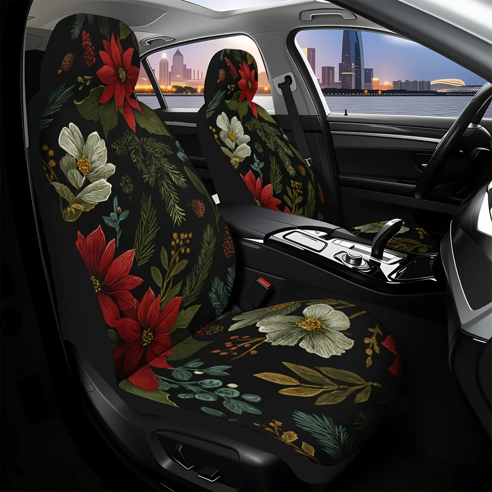 2pcs, Stylish Christmas Floral Joy Pattern Car Seat Covers, Universal Fit For Front Seats Of Car, SUV, And Truck, Keeps Front Se