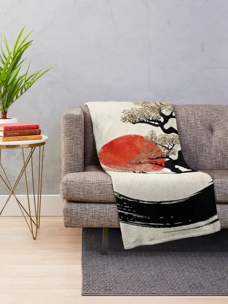 Enso Circle and Bonsai Tree on Canvas Throw Blanket Luxury for sofa Flannel Fabric Nap Blankets