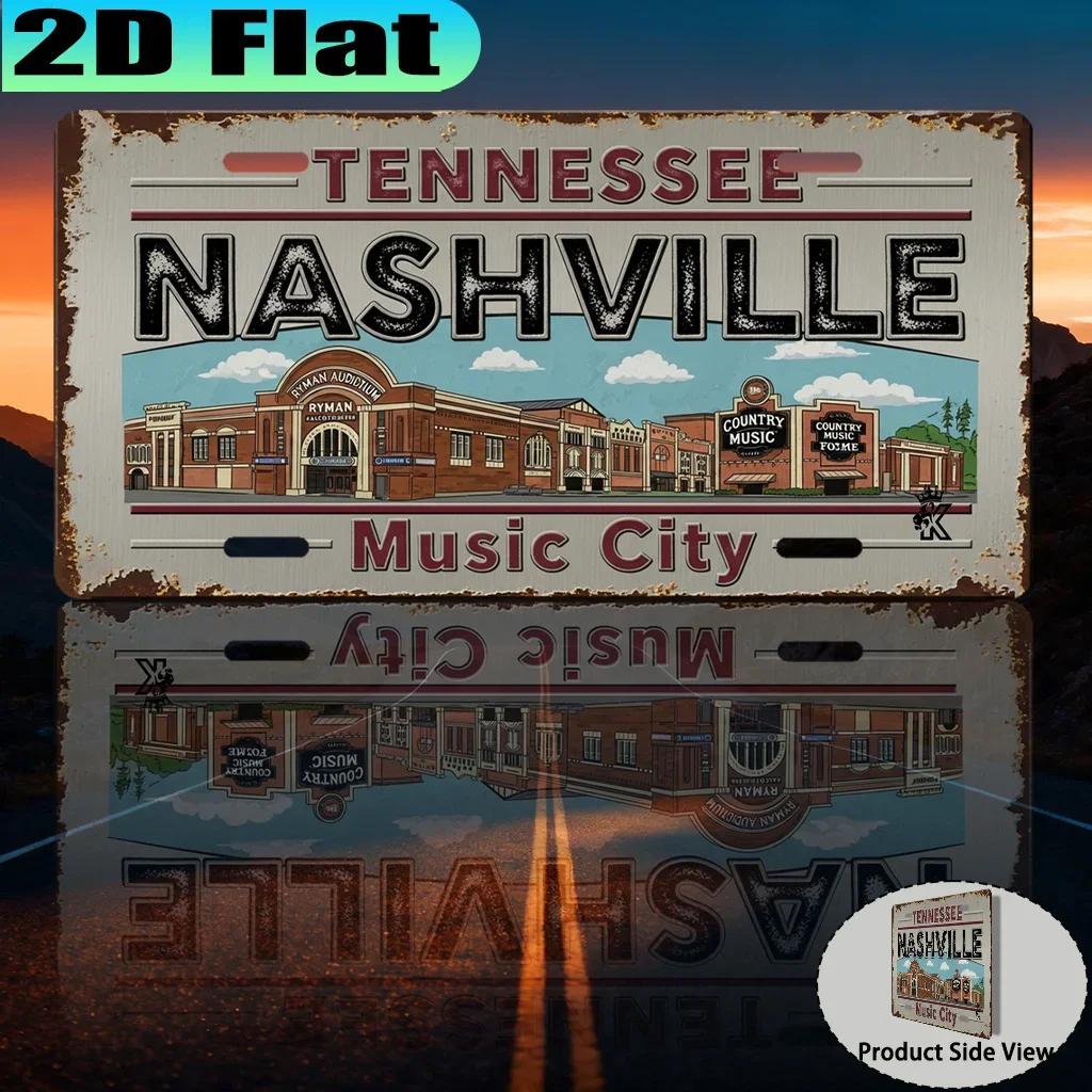 Panneau métallique rétro 2D plat en aluminium, 1 pièce, Nashville Music City, style urbain rétro, idéal pour la décoration mural