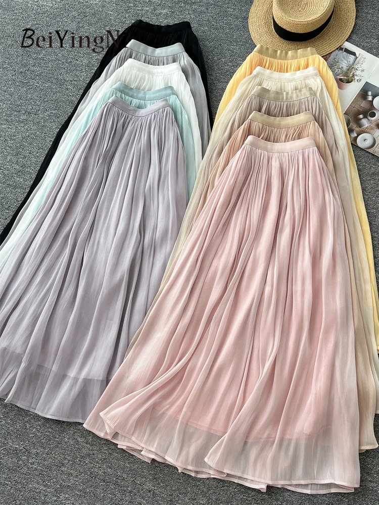 Beiyingni Kpop Hihg Waist Mesh Skirts Women Solid Color Minimalist Casual Midi Skirt Ladies French Elegant Commute Pleated Skirt