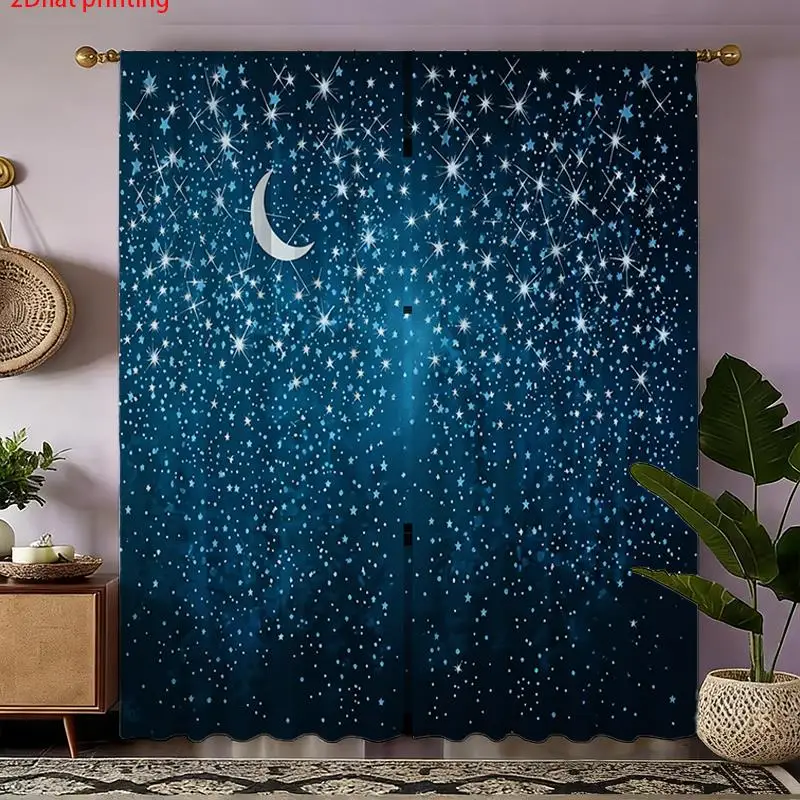 2pcs Blue Star Galaxy Curtains Celestial Moon Night Sky Pattern Window Drapes for Living Room Bedroom Aesthetic Decoration