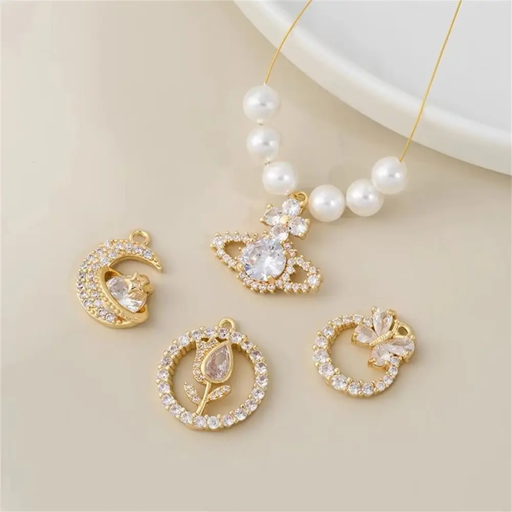 1pcs 14K Gold-plated Micro-inlaid Zircon Butterfly Tulip Wreath Star and Moon Pendant Diy Accessory Necklace Accessory Material