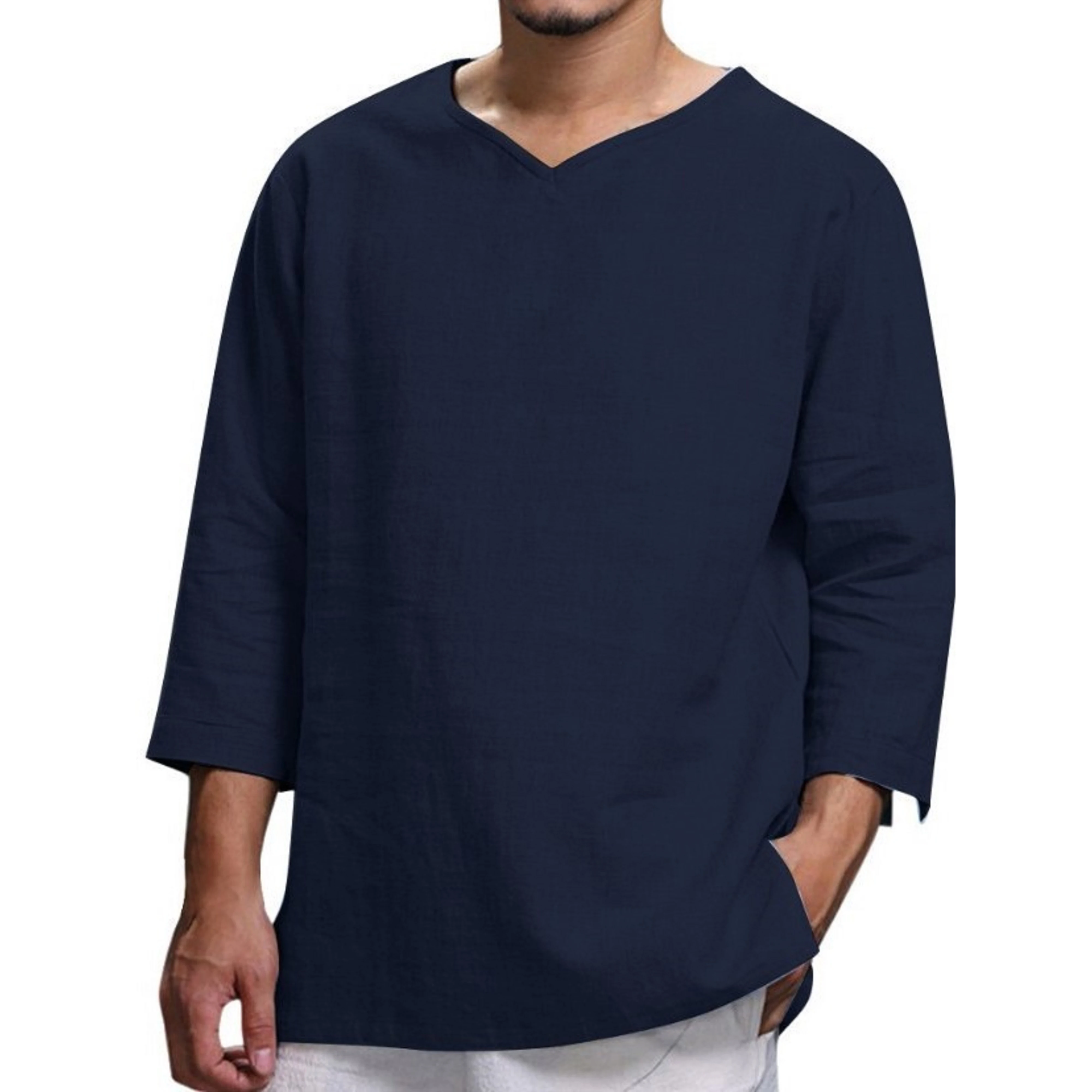 New Men's Spring and Autumn Retro Style Cotton Solid Color Shirt Casual V-neck 3/4 Sleeves Men's All-match Casual