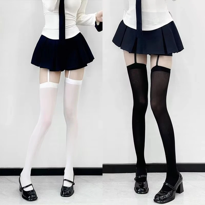 Velvet Sexy Suspender Thigh High Stockings Black White Irregular Exposed Skin Lolita JK Japanese Knee High Socks for Women