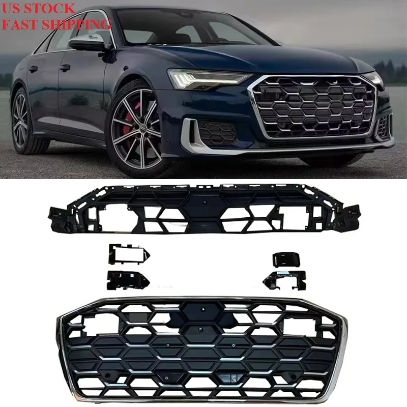 Facelift to RS6 Style Front Bumper Honeycomb Chrome Grill Front Grille for audis A6 S6 C8 PA 2023 2024 2025