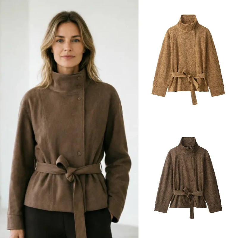 Women's Retro Suede Jacket 2026 Autumn New Fashion Stand Collar Long Sleeve Button Belted Street Style Trench Coat