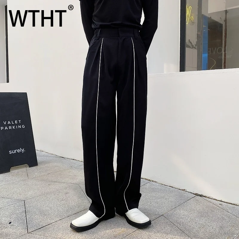 

WTHT модные осенние мужские прямые свободные брюки в полоску, модные повседневные брюки с широкими штанинами в американском стиле, мужские 2A2086