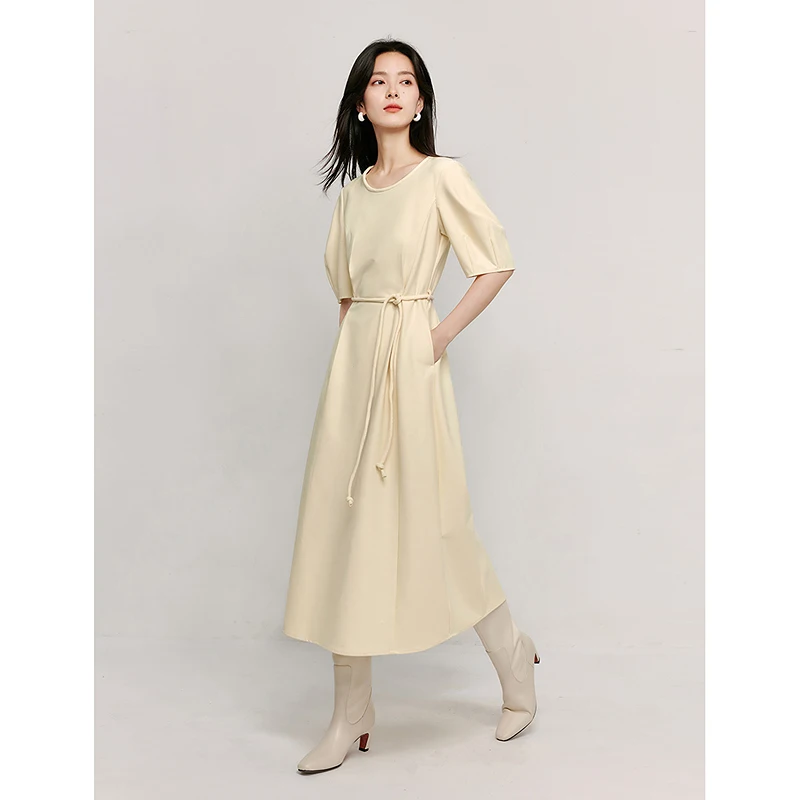 INMAN Women\'s Dress Simple Temperament Pleated Design 2024 Autumn Flower bud sleeves Cotton rope waist slimming Female Frock