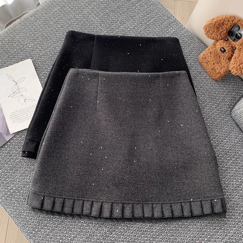 New Autumn Winter Korean Style Sparkle Sequin Ruffle Wool Mini Skirt Fashion High Waist Patchwork Pleated A-Line Short Skirt