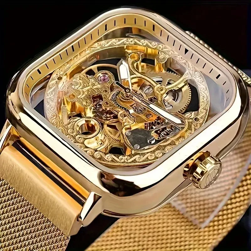 This Is a Stylish and Cool High-End Men's Mechanical Watch with a Square Shape and Hollow Design on Both Sides This Stylish and Avant-Garde Men's Mechanical Watch Is the Preferred Choice for Gifts, Offering High Value and a Sense of Light Luxury. It Is a Popular Item for Men, a Top Choice for Gifts, and Does Not Require Batteries.