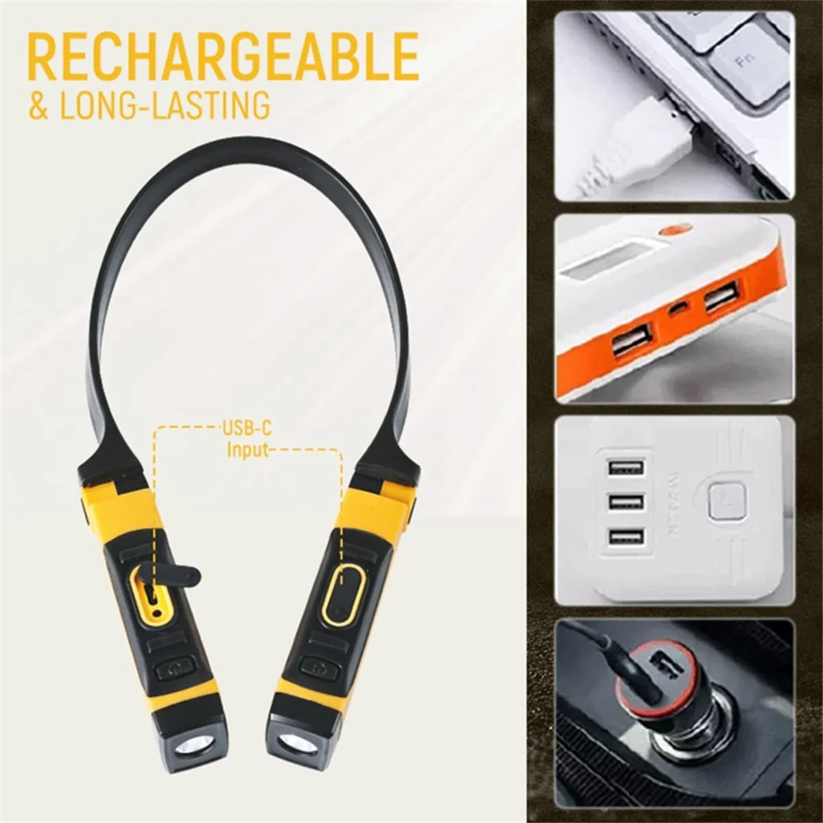 A98U Rechargeable USB Reading Lamp Neck Book Light, 2 Brightness Levels, Bendable Arms for Reading, Camping, Repairing