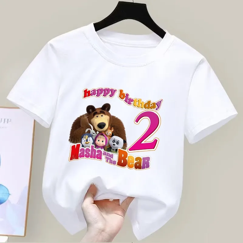 Masha und der Bär Kurzarm-T-Shirts für Geburtstagsfeiern, niedliches Cartoon-Anime-Muster, bedrucktes T-Shirt, Sommer, bequeme Kleidung, Geschenke