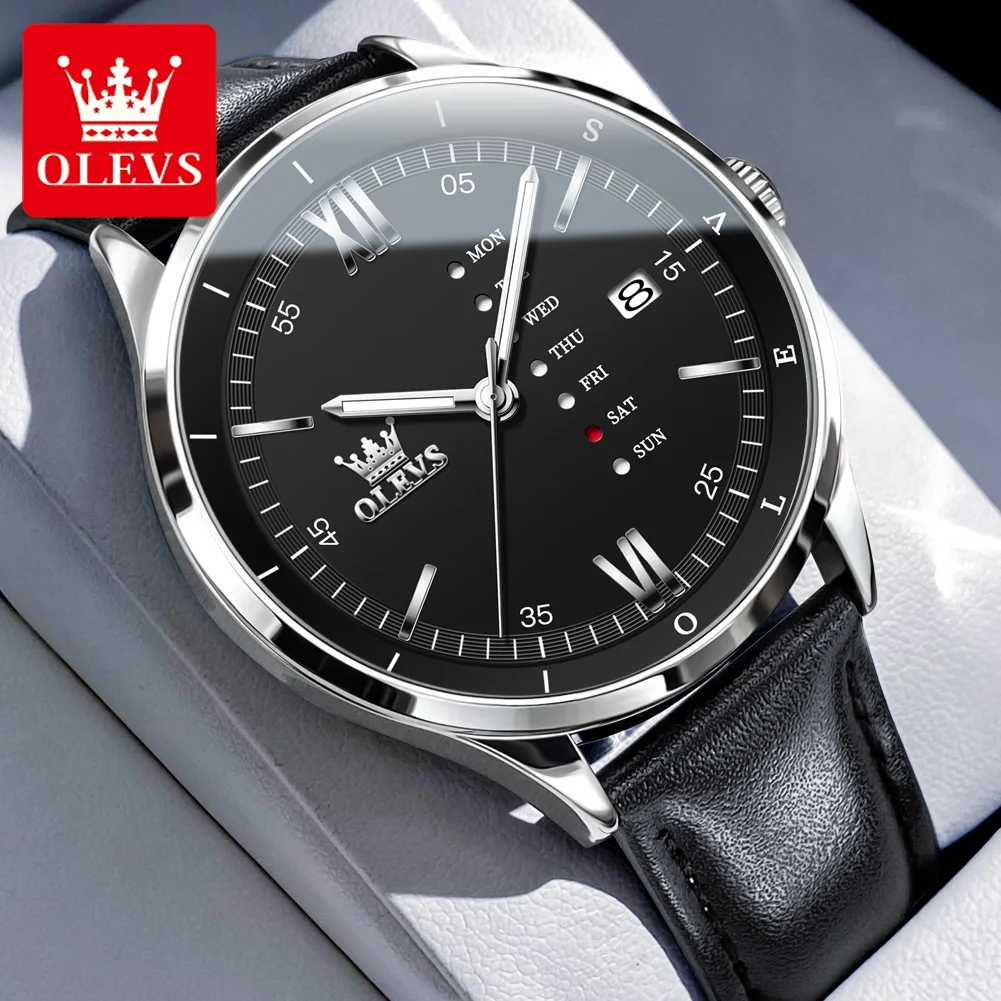 OLEVS 2931 Original Import Movement Quartz Watch for Men Leather Strap Waterproof Luminous Personality Week Display Wrist Clock