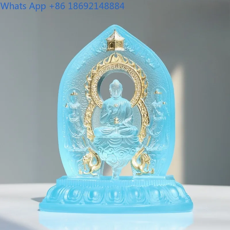 Glass Buddha Shrine Worship Medicine Buddha Sun Moon Light Bodhisattva Home Worship Living Room Ornament