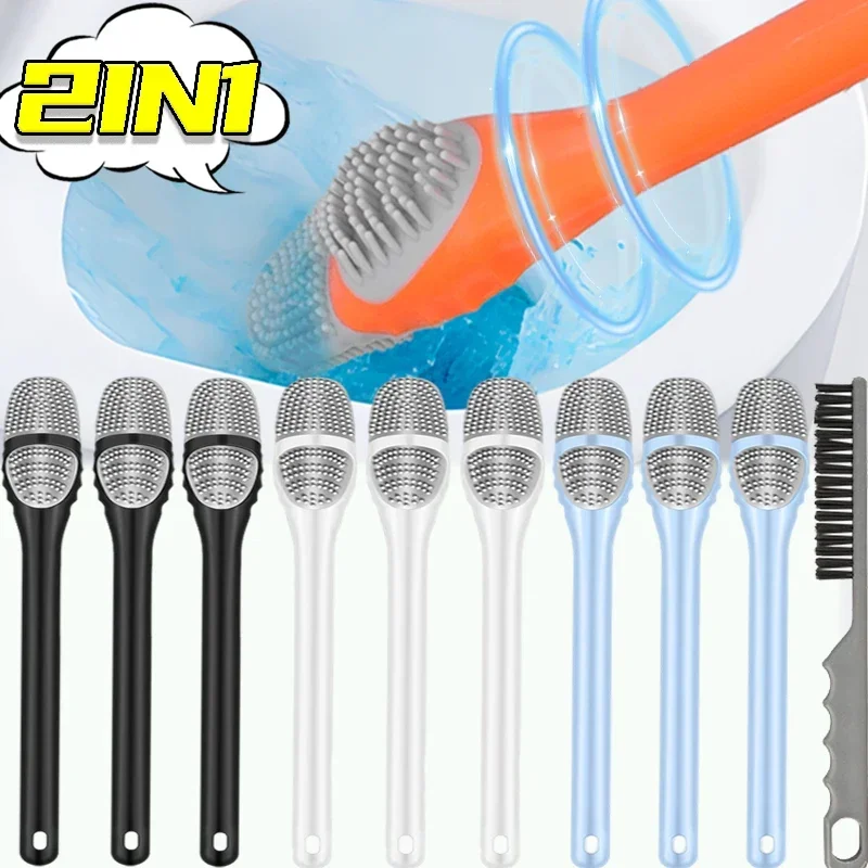 Longo Handled Wall Hanging Toilet Brush, escovas de silicone com gancho, cerdas macias, acessórios limpos do banheiro doméstico, 2 em 1