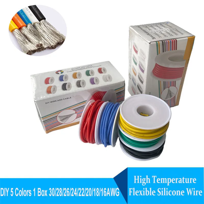 

DIY High Quality 5 Color Mixed Set Heat Resistant Flexible Silicone Wire 30/28/26/24/22/20/18/16AWG Stranded Cable Electrical Ti