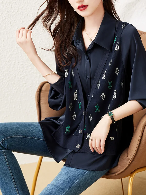 Authentic 2026 Autumn Style Shirt And Knitted Vest Patchwork Loose Women's Casual Cotton T-shirt Fake Two-Piece Ensemble