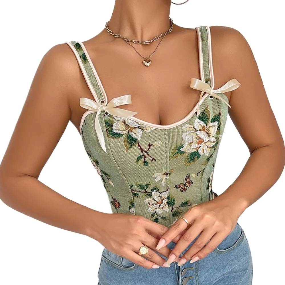 Sexy French Floral Print Bra Top Retro Double Strap Chest Support Body Shapewear Vintage Corset Bow Lace-up Floral Vest