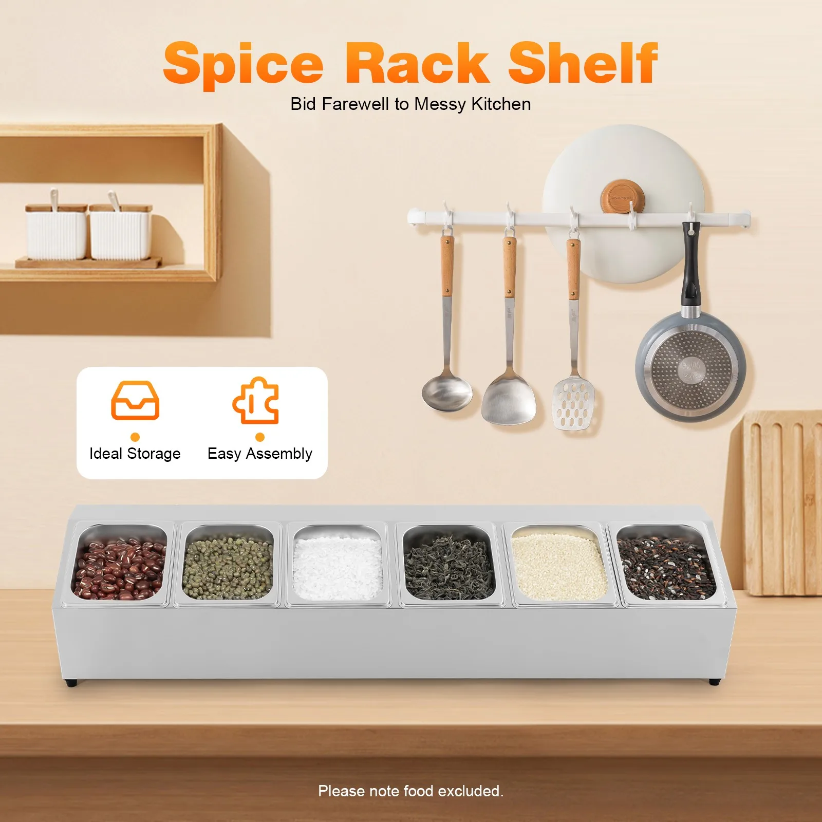 

Spice Rack 201 Stainless Steel 6 Containers 1.5L Each Flavor-Proof Dishwasher Safe Tilt Design Kitchen Restaurant, Silver