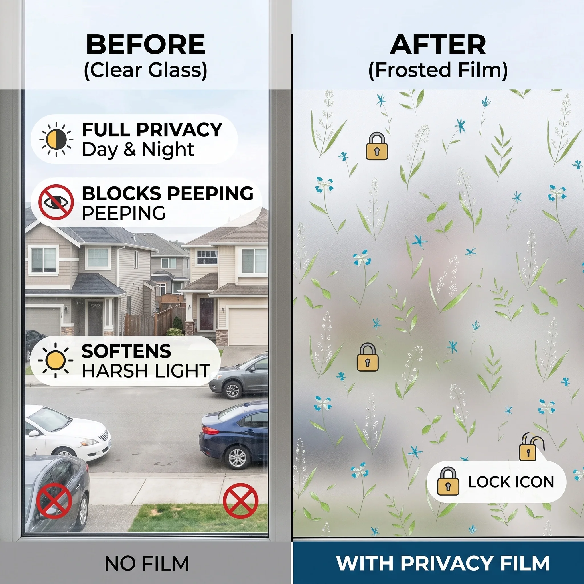 Frosted Botanical Self-Adhesive Window Film 96% Waterproof Scratch-Resistant UV Protection Privacy Glass Decor Sticker for Home