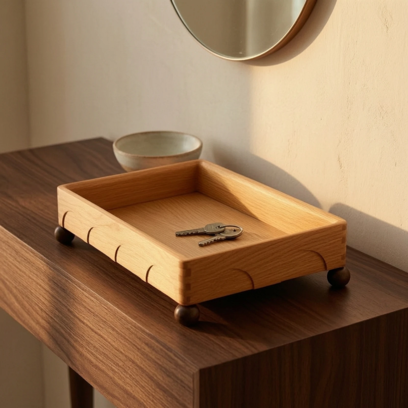 Wooden Tray with Feet Rectangular Wooden Storage Tray Desktop Organizer Open-Top Table Organizer Space-Saving for Vanity