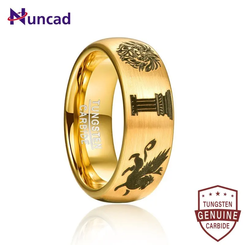 

Nuncad 8mm Lasa Electric Gold Tungsten Steel Ring Fashion Horse and Stone Pillar Pattern Engagement Rings for Men Size 7-12