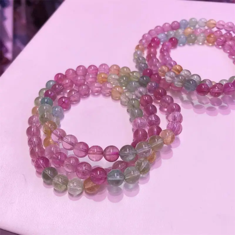 6.8MM Natural TourmlaineTriple Circle Bracelet Healing Fashion Reiki Crystal Fengshui Jewelry Birthday Gift 1pcs