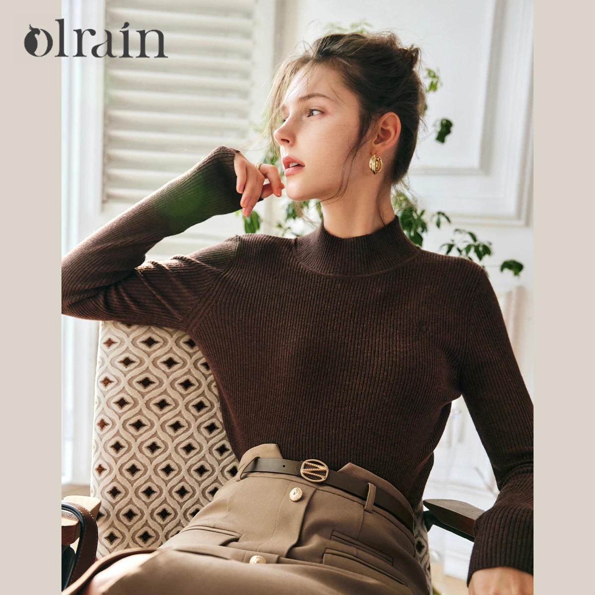 

OLrain женский вязаный пуловер, осень 2022, базовый полуводолазка в стиле ретро, высокая эластичность, утягивающий крой, повседневный простой джемпер O57QM63565