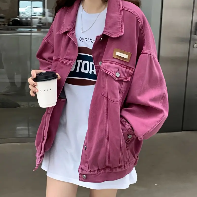 

Rose Pink Single Breasted Buckle Loose Denim Coat Female Street Style Outerwear Women's Long Sleeves Clothes Solid Color Jacket