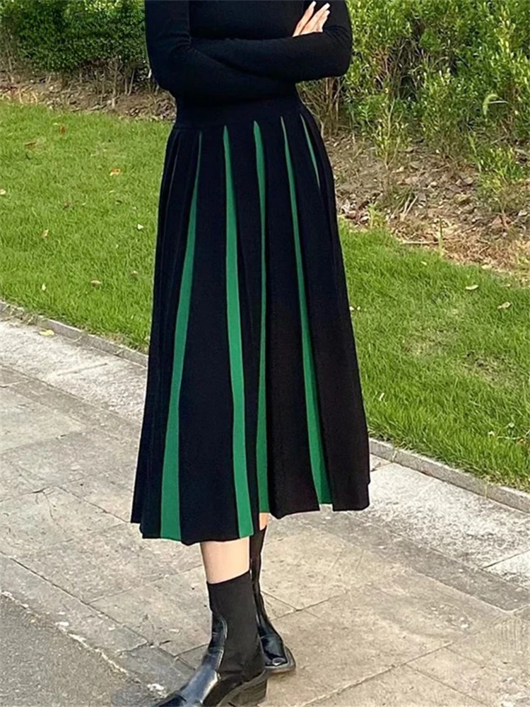 Dzianinowa plisowana spódnica damska jesień zima nowy wysoki stan kontrastowy kolor szykowna, w stylu Midi spódnica damska linia Y2k spódnica plisowana spódnica