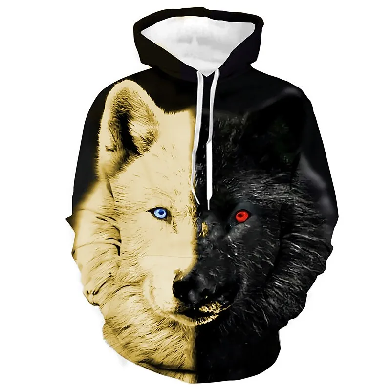 Black and White Wolf Print 3D Men's Hoodies Fashion Animal Pattern Women's Sweatshirts Leisure Essentials Pullover Jackets Coat