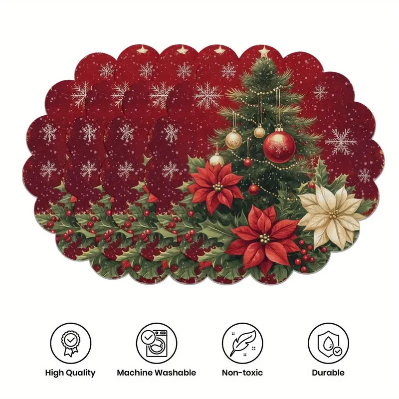 VIKAMA 2/4/6Pcs Red Christmas Floral Linen Round Placemats Snowflake Holly Leaf Print Table Mats Holiday Kitchen Dining Decor
