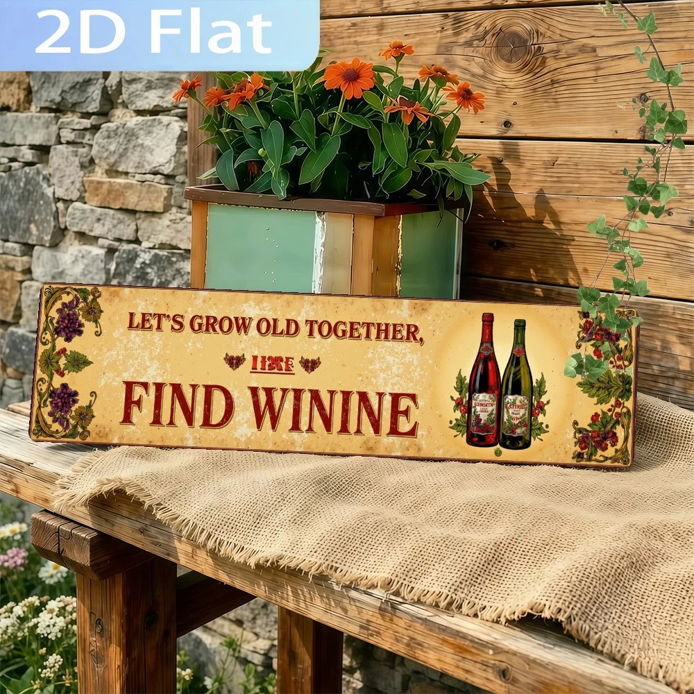 2D Flat Horror Movie 'Two Bottles of Wine with Text: 'Let's Grow Old Together, Find Wine.'' Aluminum Sign - Vintage Wall Decor