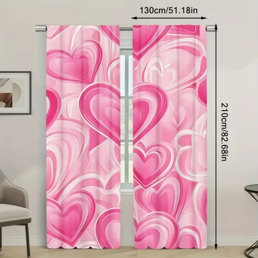 2PCS Digital Print Curtains, Pink Layered Overlapping Hearts, Dreamy Romantic Love Decor Soft Gradient Valentine Bedroom Drapes