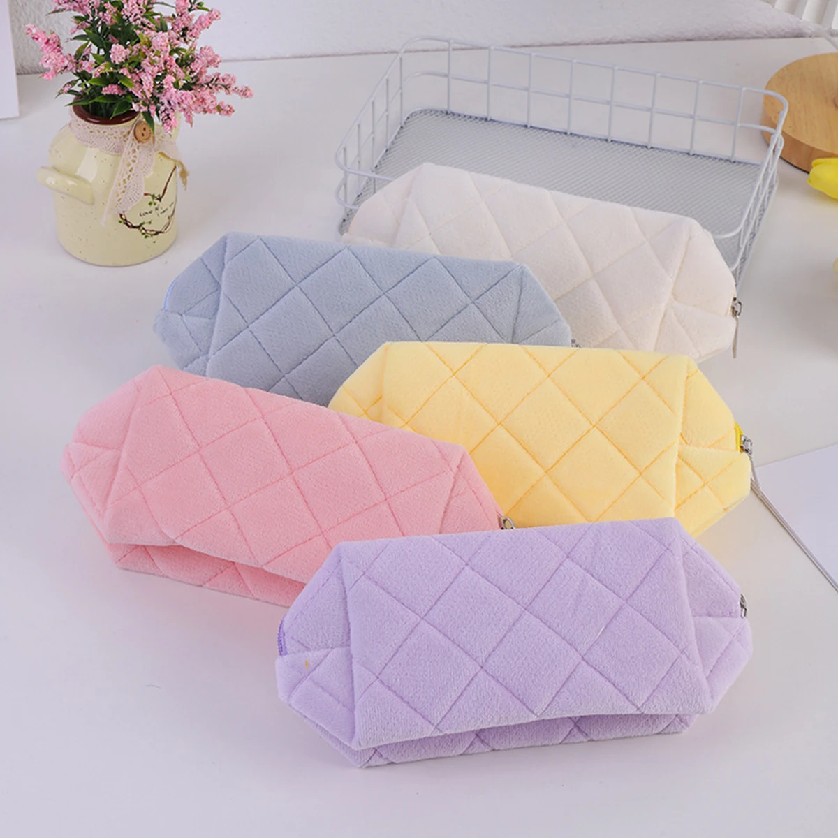 1 Piece Macaron Puffy Pencil Case Cream Aesthetic Quilted Plush Large Capacity Zipper Stationery Pouch For Teen School Office view 5