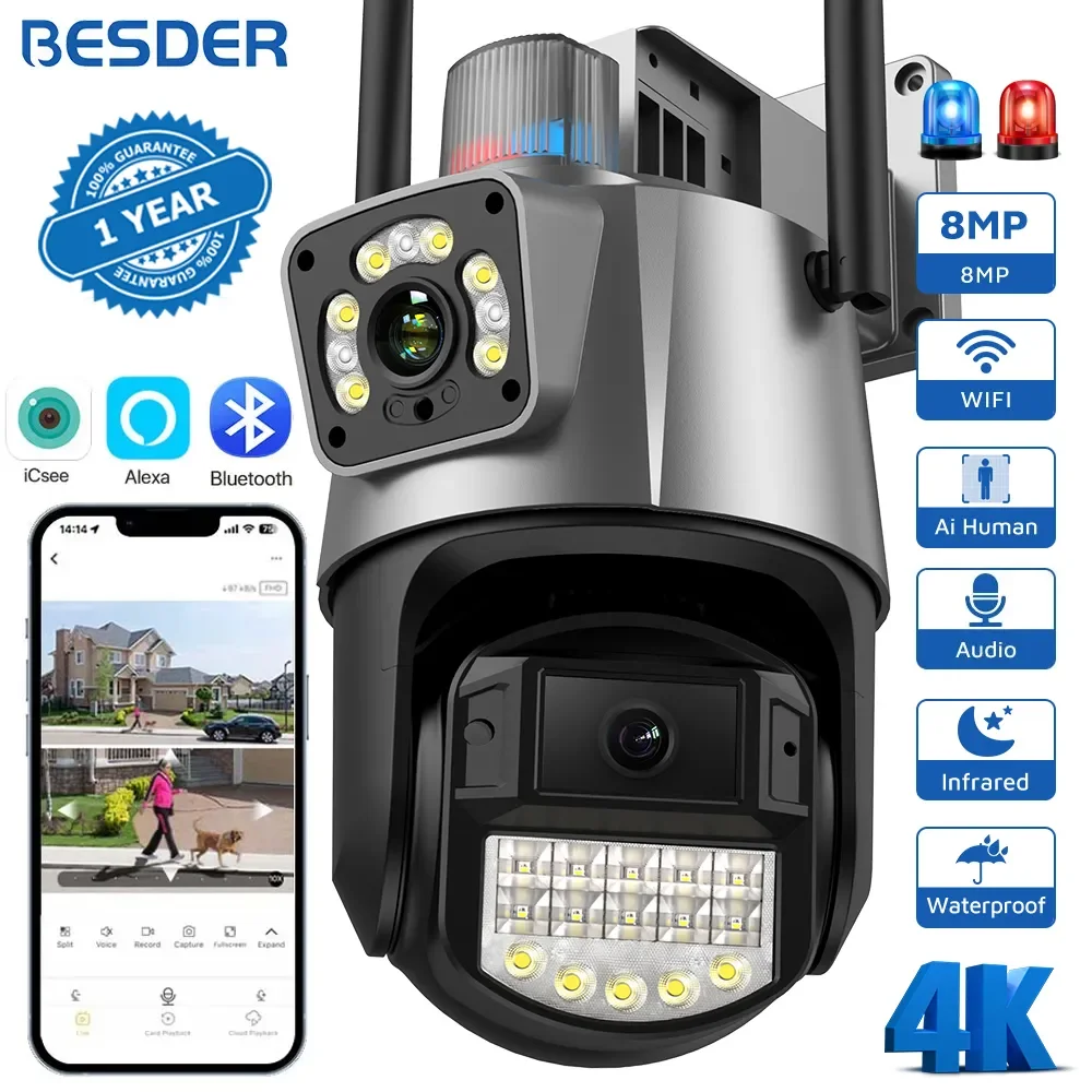 BESDER-8MP PTZ WiFi 카메라, 듀얼 스크린 컬러 나이트 비전 야외 4MP 보안 IP 카메라 CCTV 감시 카메라 ICSEE App Best5 BESDER-8MP PTZ WiFi 카메라, 듀얼 스크린 컬러 나이트 비전 야외 4MP 보안 IP 카메라 CCTV 감시 카메라 ICSEE App Best5